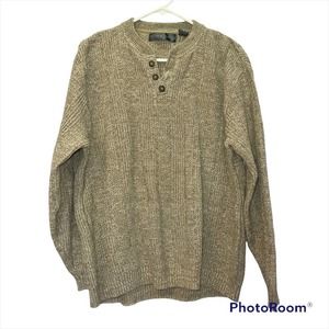 Vintage Oscar De La Renta Chunky Knit Henley Sweater Oversized Tan Button XL